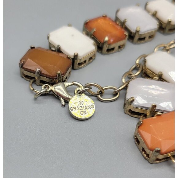 Graziano Signed Two-toned Orange White Rhinestone Rectangle Linked Necklace N1E - Picture 4 of 6